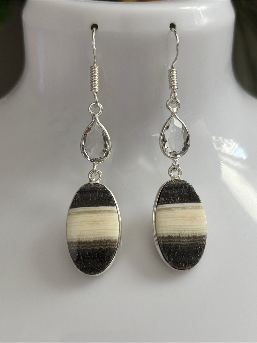 Handcrafted Black and Cream Agate with White Topaz Teardrop Dangle Earrings